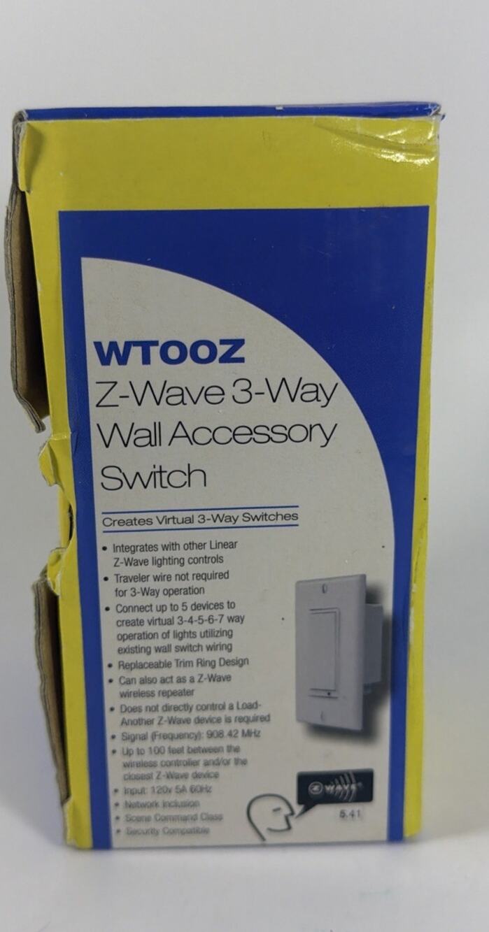 Linear Z-Wave Virtual 3-Way Wall Accessory Switch WT00Z - Box Damage - New